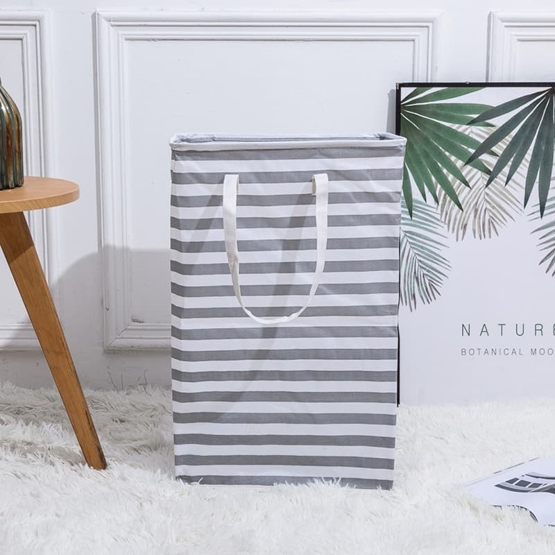Foldable Laundry Basket, Grey & white stripes